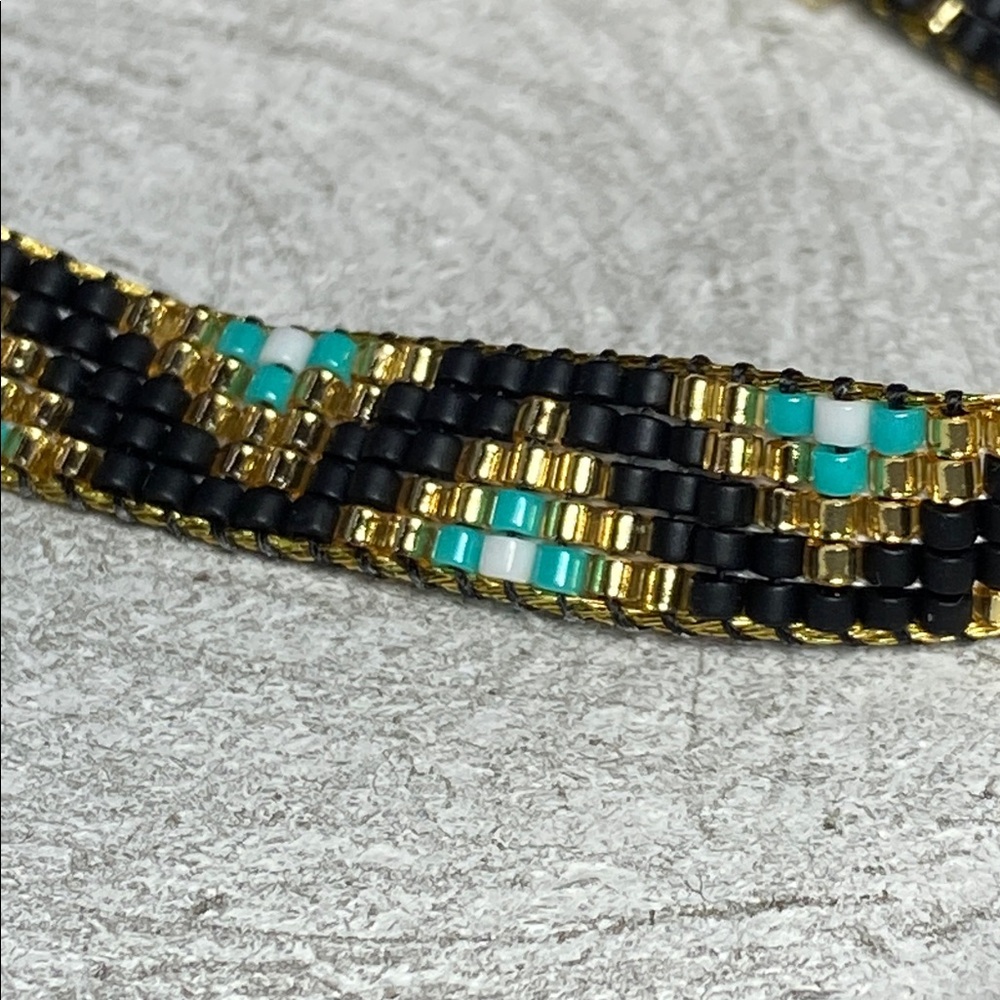 Cute Handcrafted Loom-Beaded Bracelet  with Turquoise ,Black and Gold Beads - Picture 6 of 12